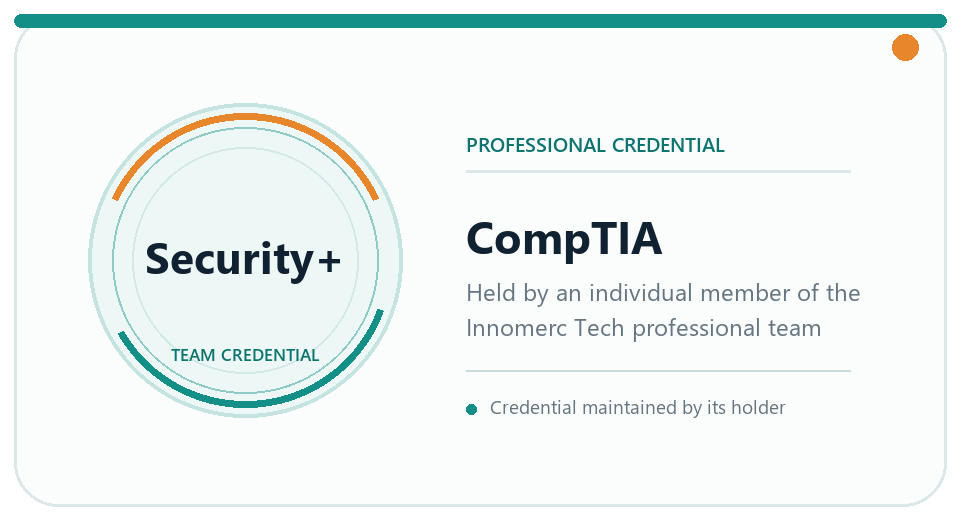 Security+ professional credential represented across the Innomerc Tech team